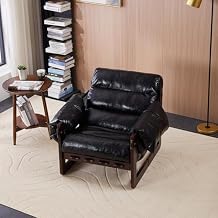 KEIKI 25.6" Lounge Chair with Removable Armrests, Vintage Oil Wax Leather Accent Chair, Mid-Century Modern Style, Antique Black