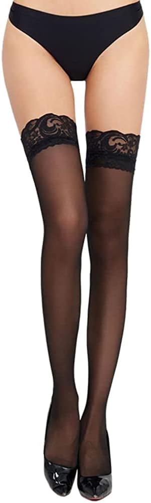 Women's Opaque Thigh High Stockings with Anti-fall Lace Top