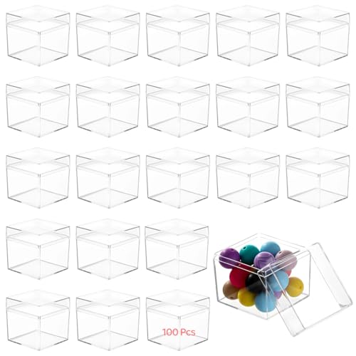 yeesport 100 Pcs Acrylic Boxes with Lids, 222 Mini Clear Candy Boxes, Square Transparent Display Cases, Stackable Storage Cubes, Small Containers for Wedding Favors, Jewelry, Treats