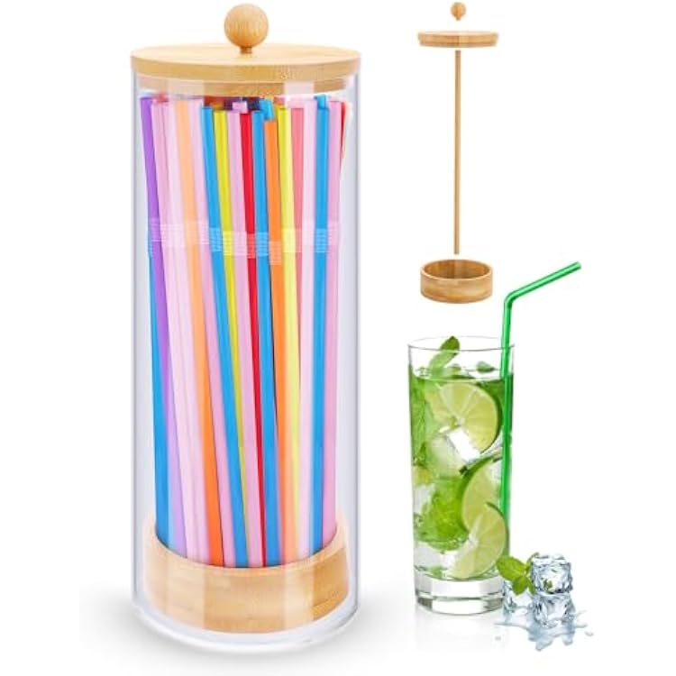 JYPS 10-Inch Acrylic Straw Dispenser with Bamboo Lid with 100 Colorful Straws, Transparent Counter Container Countertop Organizer for Kitchen, Office,Cabinet Storage, Holds Pencils, Cutlery
