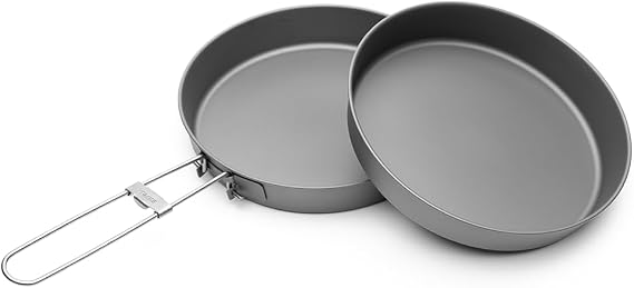 TOAKS Titanium Nesting Pan 2PC Set 6.5 inch Deep Frying Pan with Foldable Handle and Matching Nesting Plate for Open Fire Cooking and Group Meals