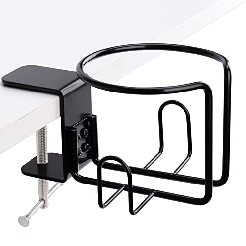 Large Desk Cup Holder, Clip On Table Cup Holder, Anti-Spill Drink Holder for Lawn Chair, Horizontal or Vertical Mount, Pack of 1, Black