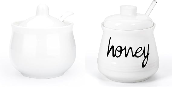 Ceramic Sugar Bowl with Lid and Spoon+Porcelain Honey Pot with Lid and Glass Honey Stic
