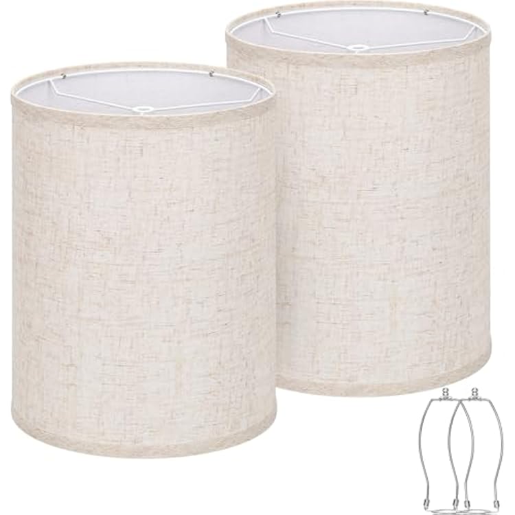 Tall Drum Lamp Shades Set of 2, 10Top x10 Bottom x 13High, Beige Lampshade for Table Lamp Floor Lamp, Replacement Lampshades Natural Linen Handcrafted, Spider, Harp Holders Included, Easy Assembly