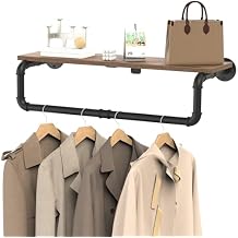Industrial Pipe Clothes Rack, Wall Mounted Garment Rack, Heavy Duty Iron Shelf with Hanging Rod for Hanging Clothes, 41.3x10.2x5.9 Inch, Black