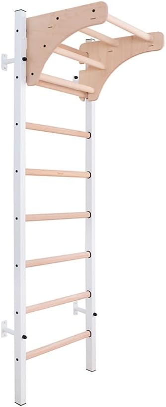 211W Wallbars, Stall Bars, Swedish Ladder, Gymnastic Ladder with Steel Frame, 8 Solid Beech Oval Rungs and Adjustable Beech Wooden Pull Up Bar for Suspension Training, Strength Training
