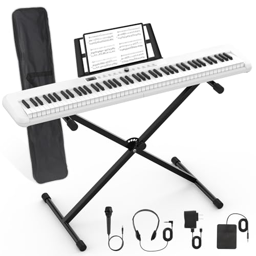 88 Key Digital Piano, Semi Weighted Electronic Keyboard Piano with Music Stand, Power Supply, Sustain Pedal, Bluetooth, Carrying Case, Headphones, USB-MIDI Compatibility, for Beginner Professional