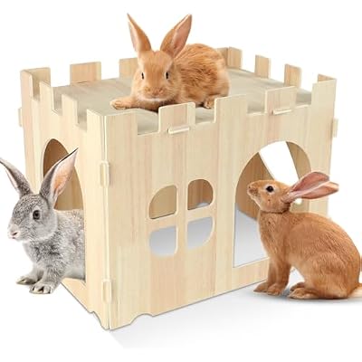 YUEPET Wooden Rabbit Castle, Rabbit Hideout and House Detachable Bunny Habitat Indoor Small Animal Hideout for Adult Bunny Guinea Pig Chinchilla