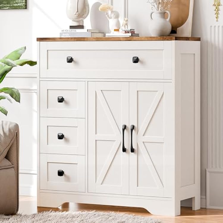 Vabches Farmhouse Storage Cabinet with 2 Doors and 4 Drawers, Freestanding Bathroom Storage Cabinet Kitchen Pantry, Floor Hutch Cupboard for Living RoomBathroomKitchen,Antique White