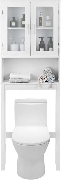 WATERJOY Over The Toilet Storage Cabinet, Bathroom Cabinet Organizer with 2 Moru Tempered Glass Door, Space-Saving Toilet Shelf, White (Frosted Glass)…