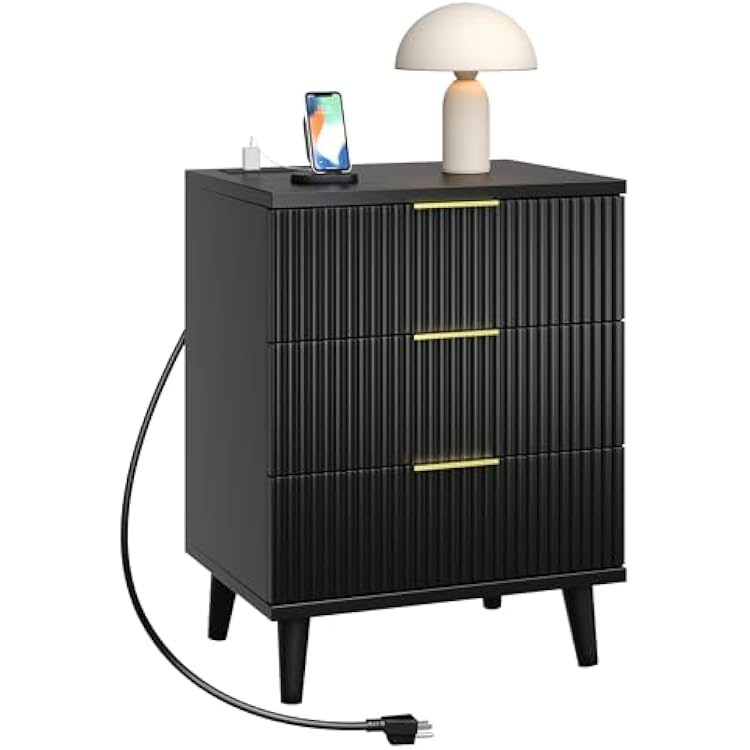 Fluted Black Nightstand with USB Charging Station, 3-Drawer Dresser Wood Modern Night Stand Bedside Table with Quiet Drawers & Large Storage End Table for Bedroom