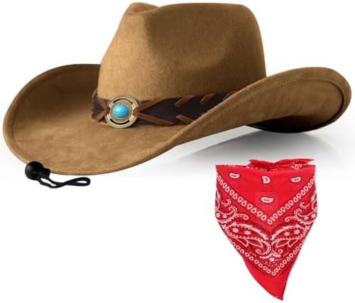Wildarms Cowboy Hat with Bandana - Adjustable Wide Brim Western Hat for Men & Women,Rodeo Christmas Cowgirl Hats Gifts