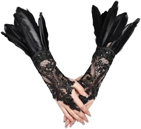 Womens Gothic Lace Feather Long Gloves Witch Angel Costume Accessories Swan Wings Wrist Bands Lace Fingerless Gloves