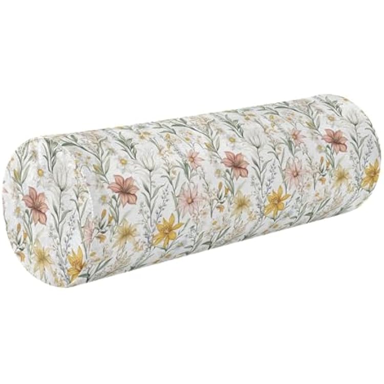 Bolster Pillow for Reading Neck Roll Pillow Round Pillow Cases Cylinder Shaped Pillows Neck Support Pillows for Sleeping Cute Spring Flowers Rustic White