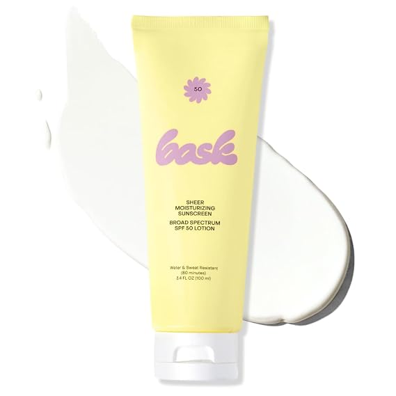 Bask SPF 50 Sheer Moisturizing Sunscreen Lotion - Broad Spectrum UVA/UVB Protection, Dermatologist Recommended, Hydrating, Lightweight & Non-Greasy, No White Cast, Travel Size, 3.4 fl oz