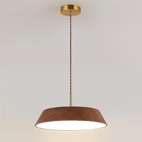 Modern LED Pendant Light, 3-Color Dimming Zen Style Metal Hanging Lamp, Minimalist Wood Grain Bowl Chandelier, for Dining Room Kitchen Island Mahjong Table (Walnut Color,40CM)