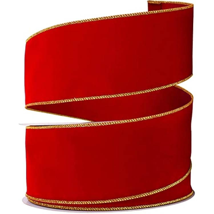 Red Velvet Ribbon Wired 2.5 2 12 Inch Wide Wire-Edge Gold Trim Clearance: 30 Yards Christmas Wrap, Valentines DayOutdoor Xmas Tree BowsWinter Wedding BowValentine Ribbons for Crafts & Gifts