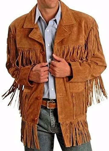 Mens Cowboy Western Suede Leather Jacket with Bones Beads Fringes- Bikers Style Mens Classic Fashion. (Light Brown, 3X-Large)