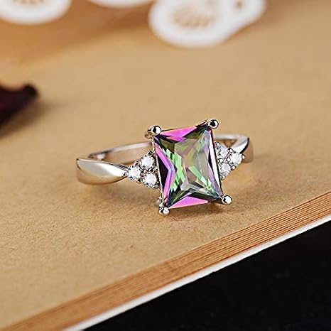 Rainbow Topaz Sapphire Anniversary July Gemstone Birthstone Rings in 925 Silver Engagement Ring for Women Gift Size T1/2