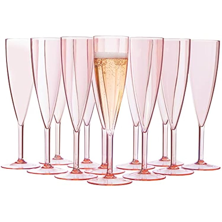 US Acrylic Plastic Reusable Champagne Flute Set of 12 Rose Pink 5oz Stems | BPA-Free, Shatterproof, Made in USA | Top-Rack Dishwasher Safe