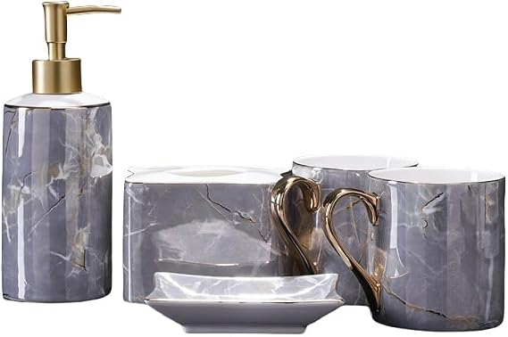Bathroom Sets,Bathroom Accessories Set with Acacia Wood Tray Luxury Marble Look Sets Soap Dispenser Set Easter Bathroom Decor Modern Simple Farmhouse Bathroom Decor Platinum Cup Gold Handle Five-Pie