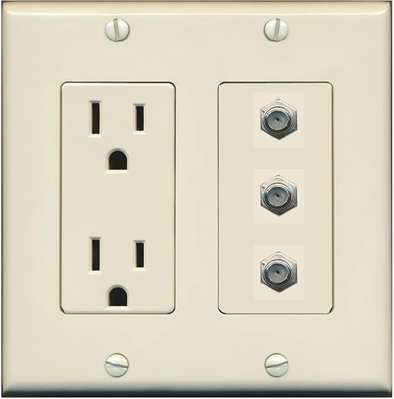 RiteAV - 3 Port Coax Cable TV- F-Type Wall Plate - Outlet [Light-Almond]