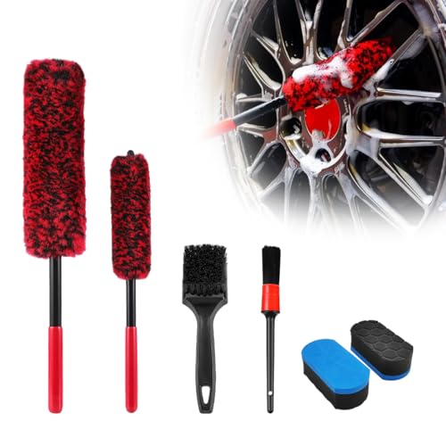 6PCS Car Wheel Cleaning Pro Kit, Soft Wheel Cleaner Tire Brush Detailing Brush with Applicator Pads, Scratch-Free Rim Brushes Tire Scrubber Dressing Pads for Vehicle Cleaning