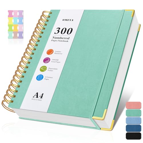 Spiral Notebook 8.5 x 11, 300 Numbered Pages Notebooks College Ruled with Contens, 100GSM Thick Journal for Women Men, Hardcover Leather Lined Journal for Writing, Large A4 Notebooks for Work School