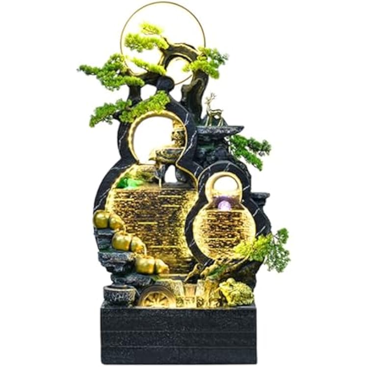 Desktop Decor, Outdoor Water Fountain Floor Standing Gourd, Indoor Freestanding with Mist, LED Lights and Simulated Greenery, Feng Shui Office Home Decor for Good Luck Wealth FoBlack-a