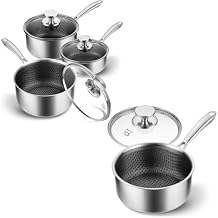 KOCH SYSTEME CS Hybrid Nonstick Stainless Steel Saucepan Set, 6-Piece Triply Stainless Steel Saucepan Set with Hybrid Honeycomb Interior, 1QT & 2QT & 3QT Sauce Pans, Induction Ready, Steel Pot Set