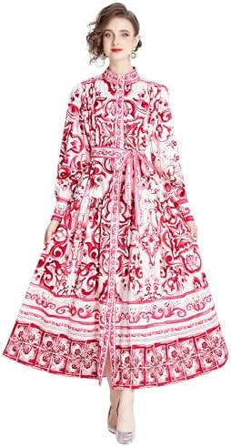 LAI MENG FIVE CATS Womens Vintage Floral Print Long Lantern Sleeve Button Up Loose Fit Party Maxi Dress