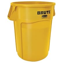Rubbermaid Commercial Products BRUTE Heavy-Duty Round Trash/Garbage Container, 44-Gallon, Yellow, for Landscapers/Construction Sites/Restaurants/Back of House/Offices/Warehouses