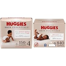 Huggies Skin Essentials Bundle: Huggies Skin Essentials Baby Diapers, Size 4 (22-37 lbs), 150 Count & Baby Wipes, 15 Flip-Top Packs, 840 Count (15 Packs of 56)