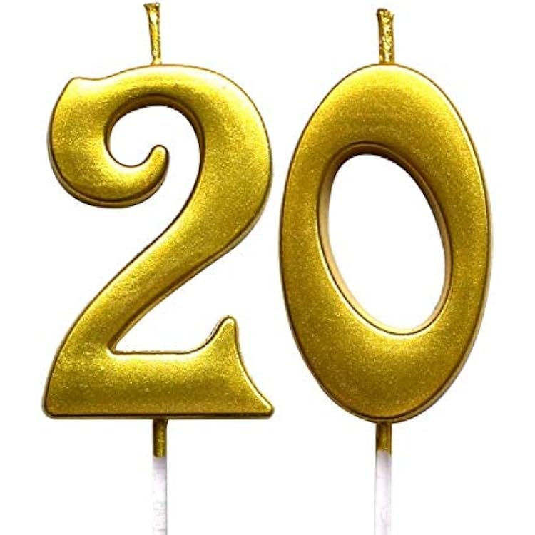 MAGJUCHE Gold 20th Birthday Numeral Candle, Number 20 Cake Topper Candles Party Decoration for Girl Or Boy