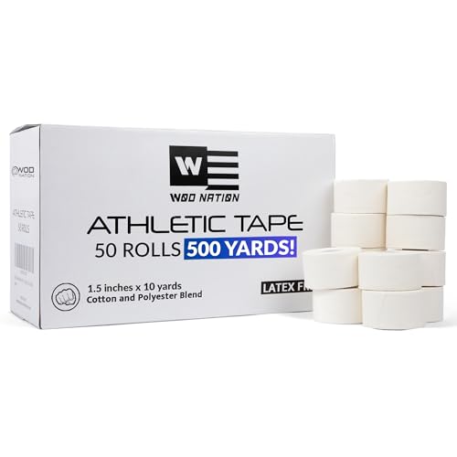 WOD Nation Athletic Tape - Residue-Free Ankle Support & Wrist Support - Easy-Tear Bulk Athletic Tape Rolls - Breathable Prewrap for Boxing, Soccer & Football - White, 1.5 in x 10 yd - Pack of 50