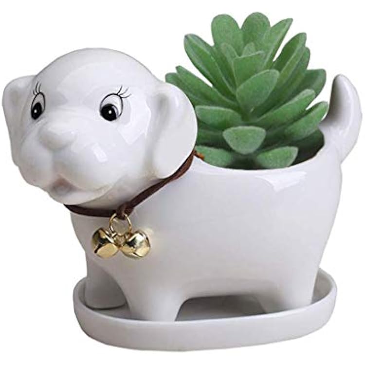 Cute Dog Succulent Planter Pot with Drainage Tray, Small White Ceramic Flower Cactus Container, Animal Puppy Indoor Air Plants Holder