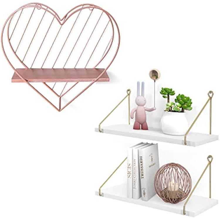 Afuly Folating Shelves Rose Gold Small Shelf Wall Mounted Metal Heart Design, White and Gold Floating Shelves Home Decor for Bathroom Kitchen Livingroom