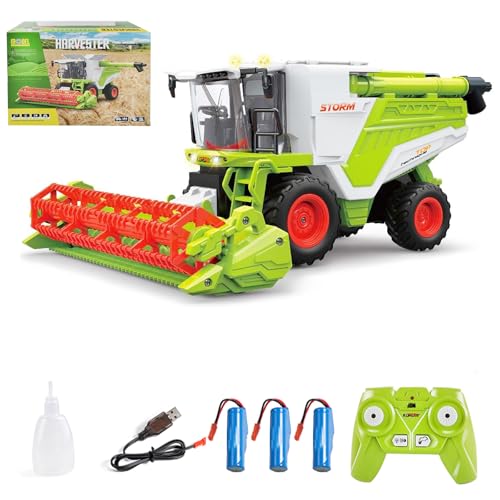 Remote Control Harvester Toy, 1:24 Scale Farm Tractor Toy with LED Lights, Sounds Effects & Spray, 2.4GHz Simulation RC Tractor Truck Birthday Gift for Teenager