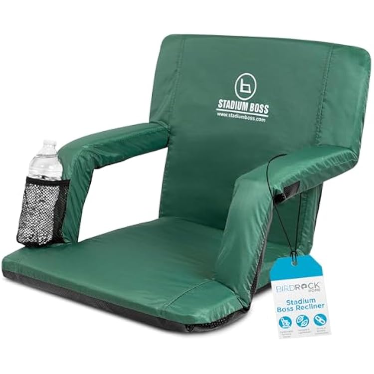Recliner Stadium Seat for Bleachers, Benches, Lawns, Backyard, Camping & Beach Padded Sport Chair, Cushion Backs & Armrest 6 Reclining Positions Portable Carry Straps Dark Green