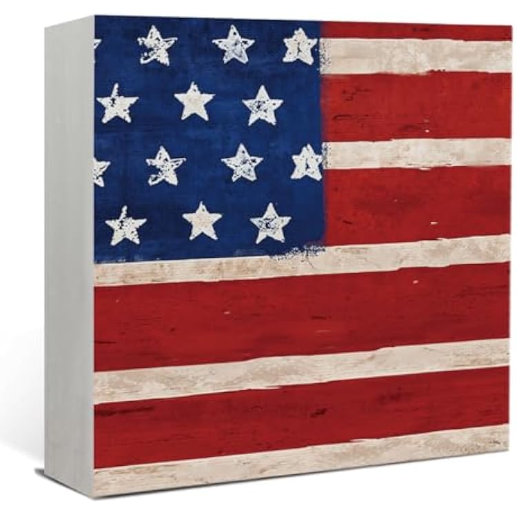 Lacama Patriotic Decor July 4th Sign, Independence Day Patriotic Labor Day,Red White Blue Star Wooden Box Sign for Home Wall Dining Table Party Office Living Room Bedroom, Decor 5 x 5 Inch
