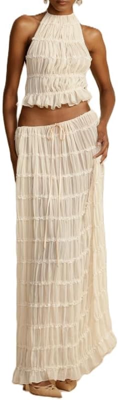 Womens 2 Piece Maxi Skirt Set Lace Up Sleeveless Tank Top and Flowy Long Skirt 2024 Summer Beach Outfits