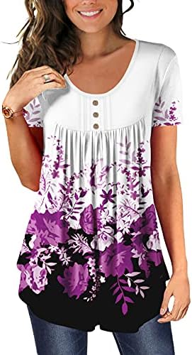 BeadChica Womens Tunic Tops For Leggings Short Sleeve Shirts Botton Up Casual Ruched Blouses Clothing Floral-M