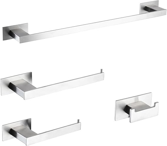 4-Pieces Bathroom Hardware Accessories Set, Towel Rack Towel Bar Toilet Paper Holder Towel Hook Self Adhesive Stainless Steel Towel Rack Set for Bathroom Wall Mounted, Brushed Nickel, 23 Inch