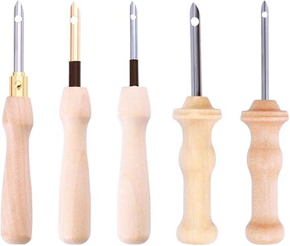 VICASKY 5pcs Punch Needle, Wooden Embroidery Pen Needle Set Large with Threader for DIY Craft Stitching 5pcs Handle Rug Hooking Tool Complete Set Pens Embellishment