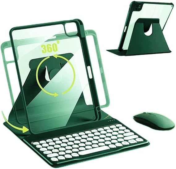 360 Rotation Case with Keyboard for iPad (A16) 11th/10th Generation | With Mouse,Candy Clear Cover with Pencil Holder, Wireless Bluetooth Detachable Keyboard,Round Key