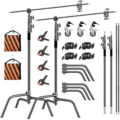 2 Pack Stainless Steel Photography Light Stand 6.9ft210cm with Holding Arm Sandbag Grip Head Heavy Duty C Stand Sturdy for Photography Studio Video Monolight Softbox Shooting?Black?