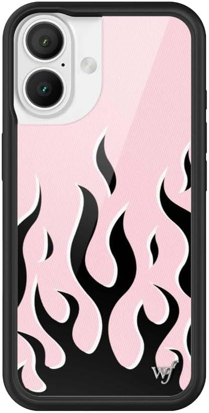 Wildflower Cases - Compatible with iPhone 16 | Protective Black Bumper, 6.5ft Drop Test Certified, Women Owned Small Business | Trendy Aesthetic Fire y2k 2016 | Flames - Pink & Black