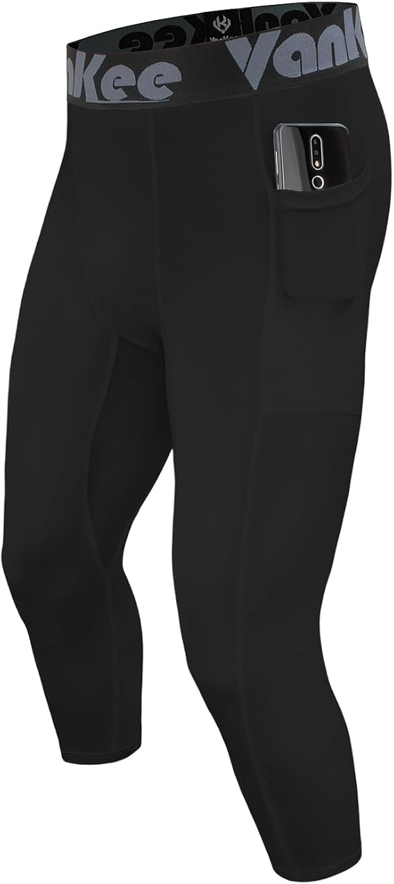 Men's Compression Trousers 3/4 with Pockets Sports Running Leggings Fitness Tights Pants Quick Drying Sweat Base Layer Bottoms for Basketball Soccer Yoga Gym