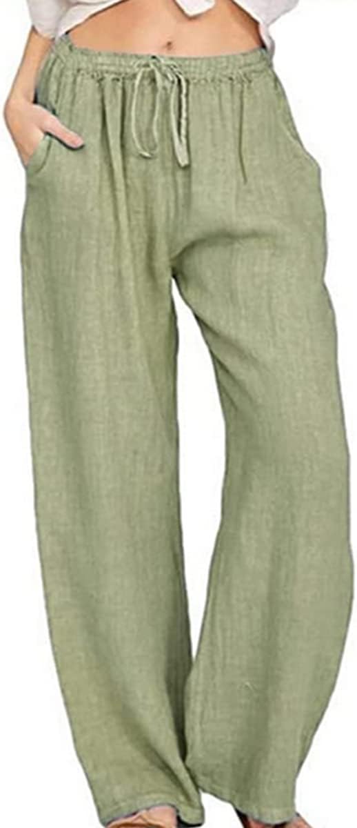utcoco Womens Cotton Linen Drawstring High Waisted Pants Casual Loose Fit Wide Leg Trousers