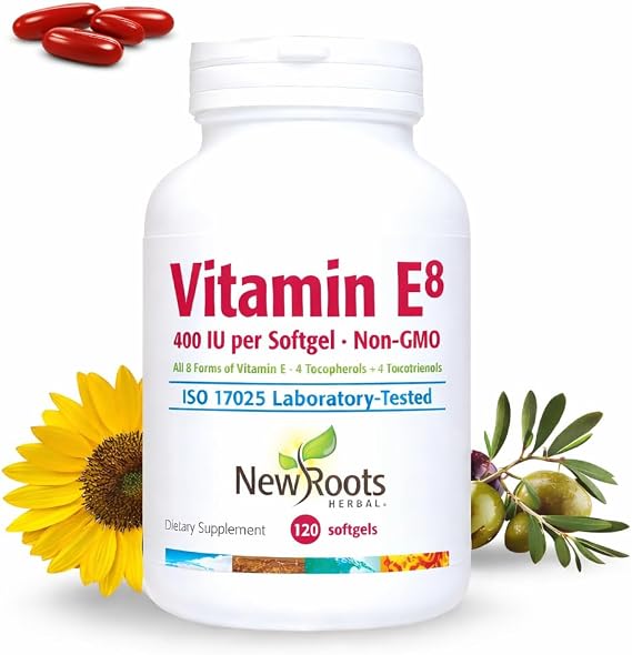 NEW ROOTS HERBAL Vitamin E Capsules (400 IU), Vitamin E8 Supplement with All 8 Tocopherols & Tocotrienols for Women & Men (120 Softgels)